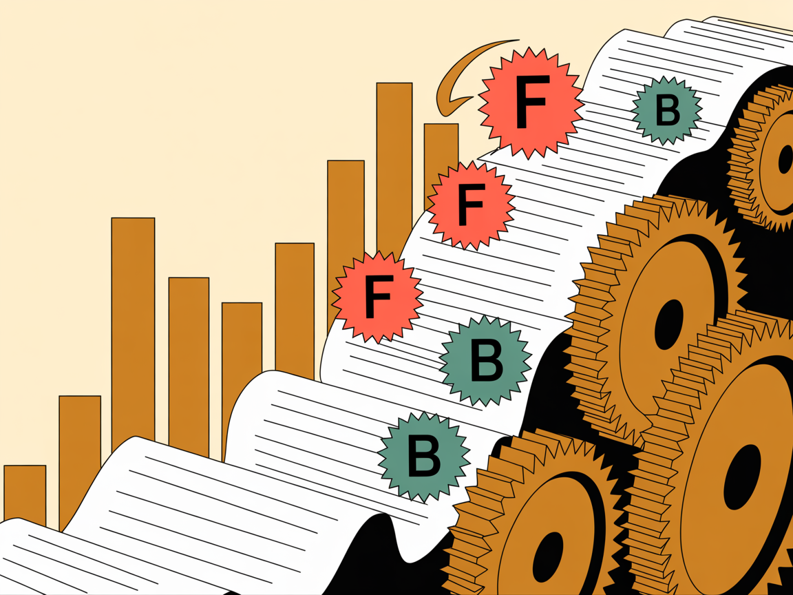 F-grade papers flowing through gears, emerging as B-grades